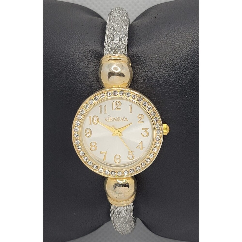 Women's Geneva Trendy Round White Dial Two Tone Case Crystal Bracelet Watch 01